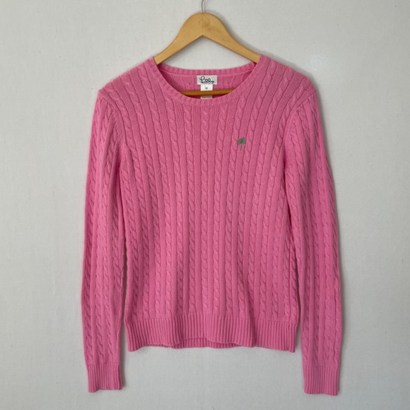 LILLY PULITZER Size Medium Pink Cable Knit Crewneck Sweater 100% Cotton - Picture 5 of 5